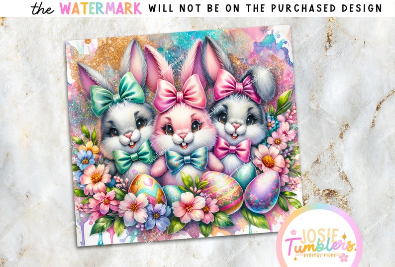 May include: Three cartoon bunnies with colorful bows and Easter eggs surrounded by pink, purple, and blue flowers. The bunnies are wearing blue, pink, and green bows. The background is a watercolor wash of pink, blue, and green.