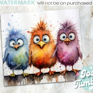 May include: Three watercolor paintings of cartoon birds with large eyes. The birds are blue, orange, and purple. The birds are standing on a branch with watercolors splattered around them.