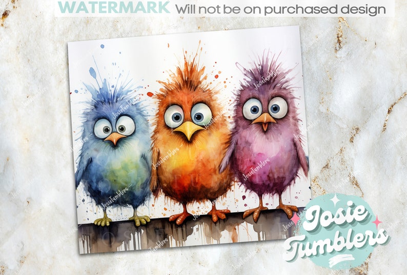 May include: Three watercolor paintings of cartoon birds with large eyes. The birds are blue, orange, and purple. The birds are standing on a branch with watercolors splattered around them.