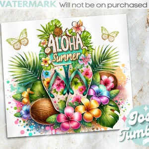 May include: Watercolor design featuring flip-flops, tropical flowers, coconuts, and butterflies. The words "Aloha Summer" are displayed above the flip-flops. The design is vibrant with pink, green, yellow, and blue colors.