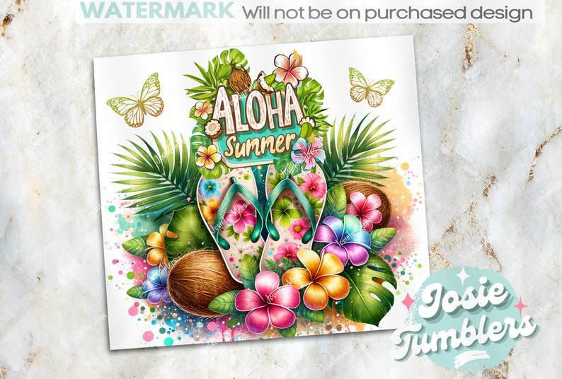 May include: Watercolor design featuring flip-flops, tropical flowers, coconuts, and butterflies. The words "Aloha Summer" are displayed above the flip-flops. The design is vibrant with pink, green, yellow, and blue colors.