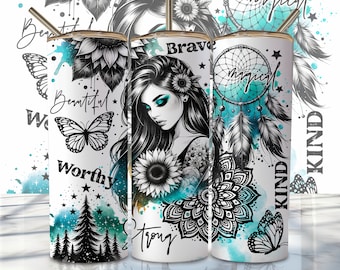 Positive Affirmation Tumbler Wrap, 20oz Skinny Sublimation Tumbler Design, Affirmation Sublimation Design Png, Boho Tumbler Png Downloads