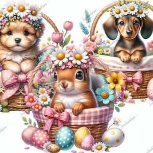 May include: Three adorable animals, a puppy, a dachshund, and a squirrel, are each sitting in a basket filled with colorful Easter eggs and spring flowers. The baskets are decorated with pink and white gingham fabric and pink bows.