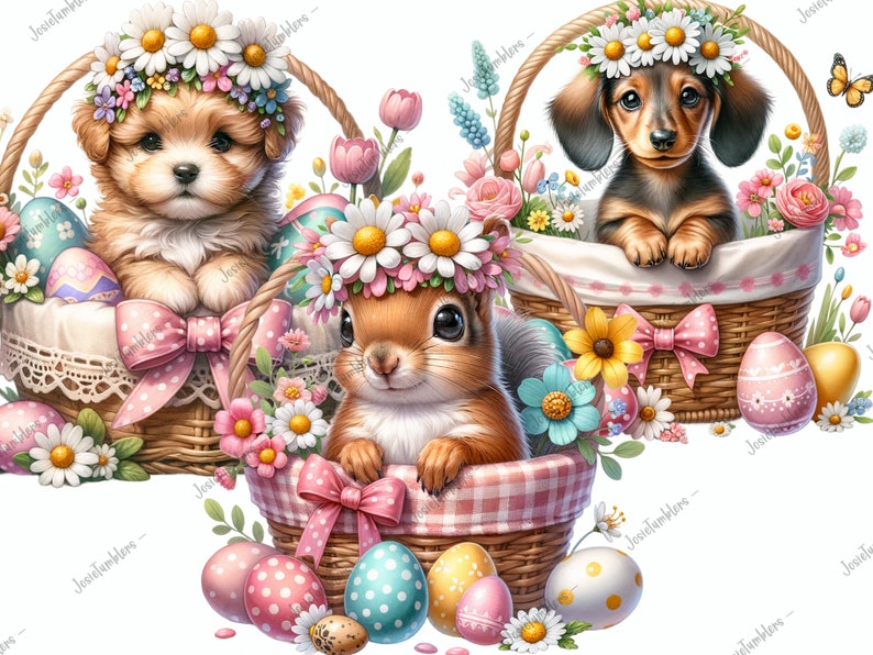 May include: Three adorable animals, a puppy, a dachshund, and a squirrel, are each sitting in a basket filled with colorful Easter eggs and spring flowers. The baskets are decorated with pink and white gingham fabric and pink bows.