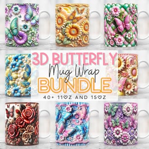 May include: A bundle of 40+ 3D butterfly mug wraps in various colors and designs. The mug wraps feature butterflies, flowers, and other floral designs. The mug wraps are available in 11 oz and 15 oz sizes.