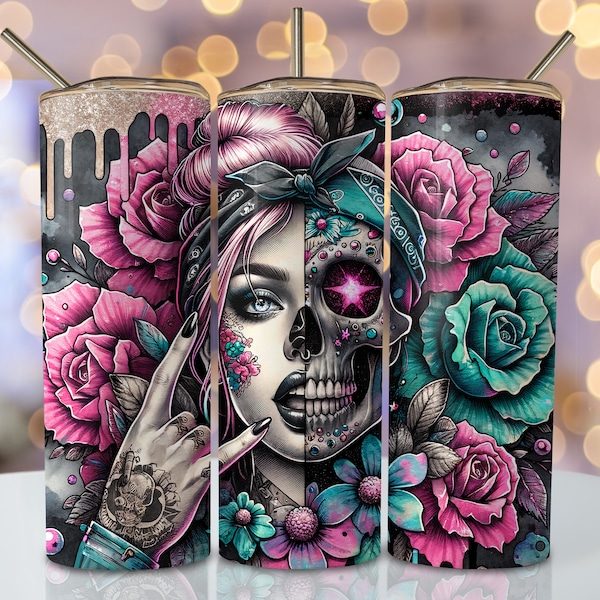 Blumenschädel Tumbler Wrap, 20 Unzen Skinny Sublimationsbecher Design, Glitter Sugarskull Sublimationsdesign, lebendige Blumen Tumbler Png Wrap