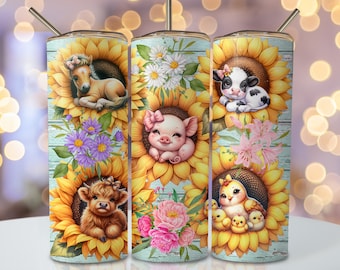 Sunflower Animal Tumbler Wrap, 20oz Skinny Sublimation Tumbler Design, Sunflower Sublimation Design, Cow Tumbler Sublimation Png Download