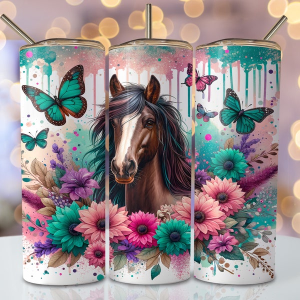 Floral Horse Tumbler Wrap, 20oz Skinny Sublimation Tumbler Design, Cute Horse Sublimation Design, Watercolor Butterfly Tumbler PNG Downloads