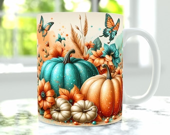 Fall Mug Wrap, Pumpkin Mug Png, 11oz Mug And 15oz Mug Wrap, Cup Png Design, Floral Autumn Mug Sublimation, Mug Press Png, October Mug Design