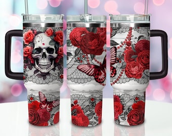Rose Gothic Skull 40oz Tumbler Wrap Butterfly Tumbler Download Quencher Tumbler Sublimation Design PNG Floral Tumbler With Handle Digital