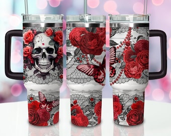 Rose Gothic Skull 40oz Tumbler Wrap Butterfly Tumbler Descargar Quencher Tumbler Sublimation Design PNG Floral Tumbler con mango digital