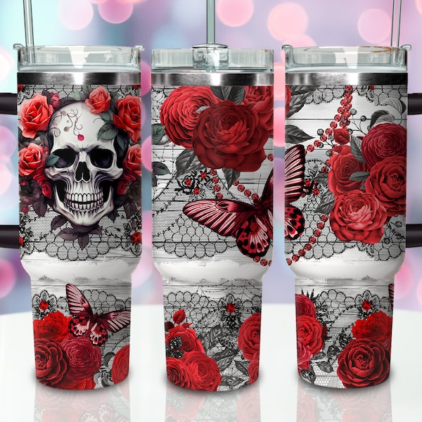 Rose Gothic Skull 40oz Tumbler Wrap Butterfly Tumbler Download Quencher Tumbler Sublimation Design PNG Floral Tumbler With Handle Digital