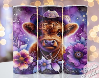 Purple Highland Cow Tumbler Wrap, 20oz Skinny Sublimation Tumbler Design, Highland Cow Sublimation Design Png, Floral Tumbler Png Download