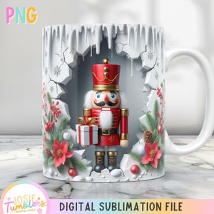 May include: White ceramic mug with a Christmas-themed design. The design features a nutcracker holding a gift, surrounded by holly, pine branches, and snowflakes. The mug has a white glaze with a crackled effect, giving it a vintage look.