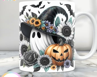 Envoltura de taza con fantasma de Halloween, regalo de taza de Halloween PNG, envoltura de taza de 11 oz y envoltura de taza de 15 oz, diseño de taza de café de Halloween, diseños de prensa de taza espeluznantes