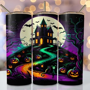 Halloween Haunted House Tumbler Wrap, 20oz Skinny Sublimation Tumbler Design, Spooky Sublimation Design Png, Halloween Tumbler Png Download