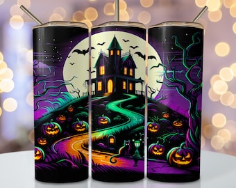 Envoltura para vaso de casa embrujada de Halloween, diseño de vaso de sublimación delgado de 20 oz, diseño de sublimación espeluznante PNG, descarga de vaso de Halloween PNG