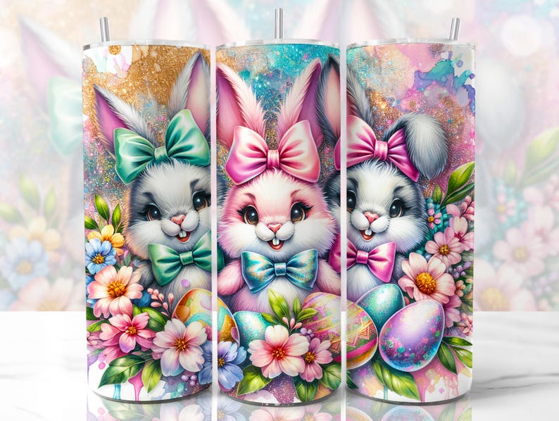 May include: Three stainless steel tumblers with a white background and colorful images of Easter bunnies with bows and flowers. The bunnies are wearing different colored bows, pink, blue, and green. The tumblers are decorated with pastel colors and glitter.