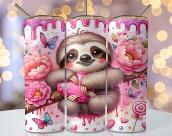 Valentine Sloth Tumbler Wrap, 20oz Skinny Sublimation Tumbler Design, Cute Sloth Sublimation Design, Valentines Day Tumbler Png Downloads
