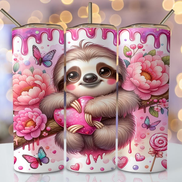 Valentine Sloth Tumbler Wrap, 20oz Skinny Sublimation Tumbler Design, Cute Sloth Sublimation Design, Valentines Day Tumbler Png Downloads