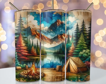 Watercolor Camping Tumbler Wrap, 20oz Skinny Sublimation Tumbler Design, Camping Sublimation Design, Watercolor Nature Tumbler Png Download