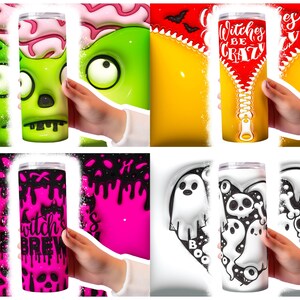 May include: Four different designs of stainless steel tumblers with Halloween themes. The designs include a zombie face, a zipper with the text "Witches Be Crazy", dripping pink slime with the text "Witch's Brew", and a heart with ghosts and skulls.
