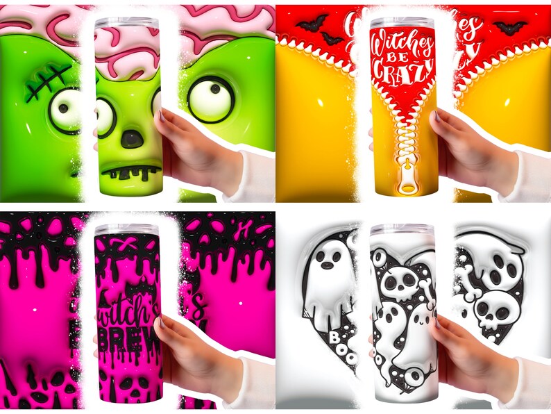 May include: Four different designs of stainless steel tumblers with Halloween themes. The designs include a zombie face, a zipper with the text "Witches Be Crazy", dripping pink slime with the text "Witch's Brew", and a heart with ghosts and skulls.