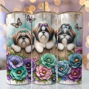 Floral Shih Tzu Tumbler Wrap, 20oz Skinny Sublimation Tumbler Design, Shih Tzu Sublimation Design, Seamless Dog Tumbler Png Downloads