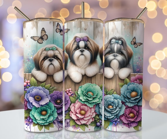 Floral Shih Tzu Tumbler Wrap, 20oz Skinny Sublimation Tumbler Design, Shih Tzu Sublimation Design, Seamless Dog Tumbler Png Downloads