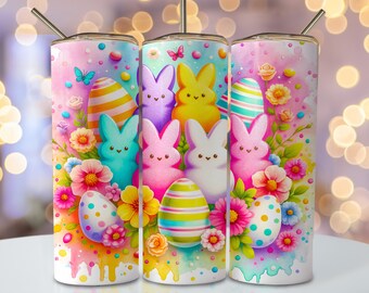 Envoltura de vaso de conejito de Pascua, diseño de vaso de sublimación flaco de 20 oz, diseño de sublimación de conejito de Pascua pastel, descargas de vaso de Easter Peeps