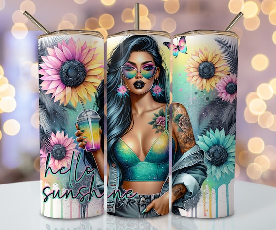 Hello Sunshine Tumbler Wrap, 20oz Skinny Sublimation Tumbler Design, Floral Pastel Sublimation Wrap Png, Flower Summer Tumbler Png Download