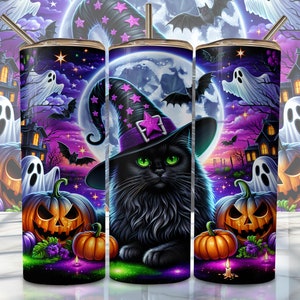 ハロウィン猫タンブラーラップ、20オンススキニー昇華タンブラーデザイン、黒猫昇華デザインPng、不気味なハロウィンタンブラーPngダウンロード