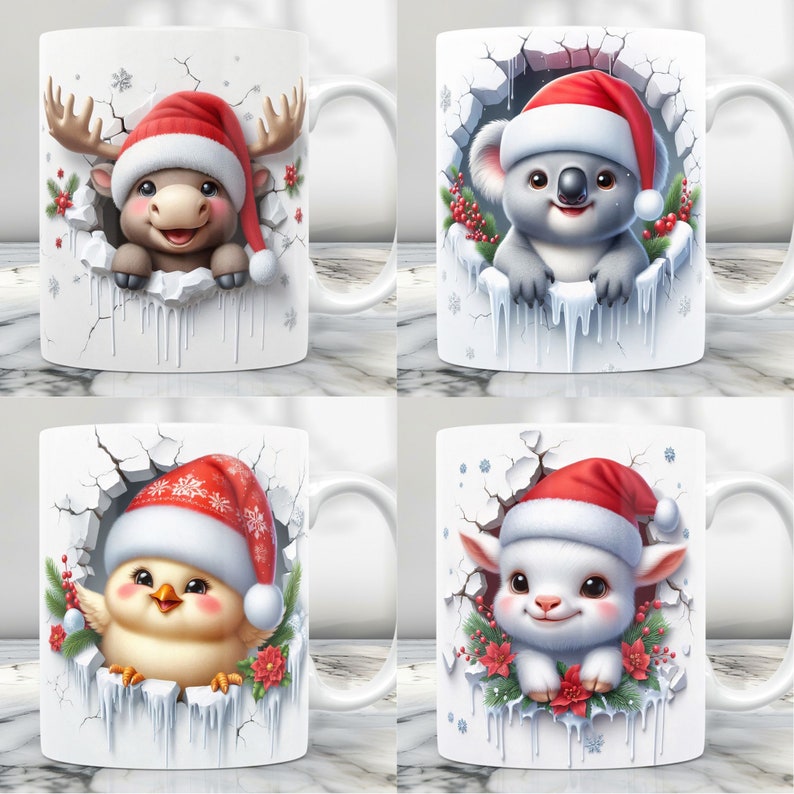 Puede incluir: Conjunto de cuatro tazas de cer&aacute;mica blanca con un tema navide&ntilde;o de invierno. Cada taza presenta un animal diferente con un gorro de Pap&aacute; Noel asom&aacute;ndose a trav&eacute;s de una pared agrietada con car&aacute;mbanos. Los animales son un reno, un koala, un pollito y un cordero.