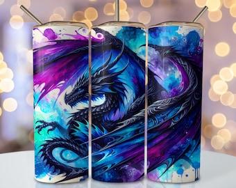 Black Dragon-bekerverpakking, 20oz mager sublimatiebekerontwerp, drakensublimatieontwerp png, levendige fantasiebeker png-downloads