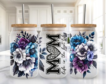 Floral Mom 16 oz Libbey Glass Wrap, Mother's Day Libbey Glass Design Png, 16Oz Glass Can Wrap Png, Glass Can Sublimation, Digital Download