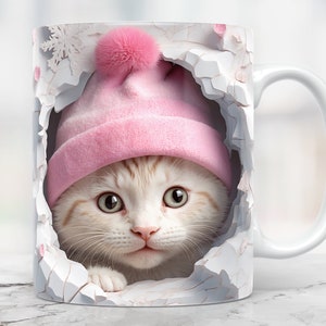 3D Christmas Mug Wrap, 3D Hole In A Wall Mug Png, 11 oz Mug Wrap And 15 oz Mug Wrap, Coffee Cup Png Design, 3D Cat Mug Press Design Png