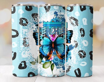 Leopard Lehrer Becher Schmetterling PNG, Blaue Becher Designs Nahtlos, Sublimation Wrap für 20 Unzen Skinny Tumbler, Lehrer Bleistift Tumbler Wraps