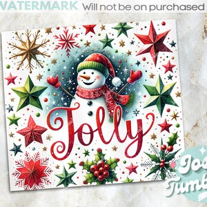 May include: A festive Christmas card design featuring a snowman with a red scarf and hat, surrounded by red and green stars, holly, and the word "Jolly".