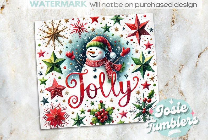 May include: A festive Christmas card design featuring a snowman with a red scarf and hat, surrounded by red and green stars, holly, and the word "Jolly".