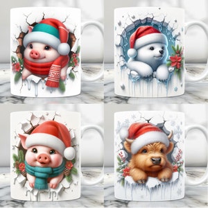 Puede incluir: Conjunto de cuatro tazas de cer&aacute;mica blanca con tem&aacute;tica navide&ntilde;a de invierno. Cada taza presenta un animal diferente con un gorro de Pap&aacute; Noel asom&aacute;ndose por una pared agrietada con car&aacute;mbanos. Los animales incluyen un cerdo, un oso polar, una vaca y otro cerdo.