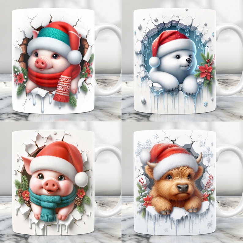 Puede incluir: Conjunto de cuatro tazas de cer&aacute;mica blanca con tem&aacute;tica navide&ntilde;a de invierno. Cada taza presenta un animal diferente con un gorro de Pap&aacute; Noel asom&aacute;ndose por una pared agrietada con car&aacute;mbanos. Los animales incluyen un cerdo, un oso polar, una vaca y otro cerdo.