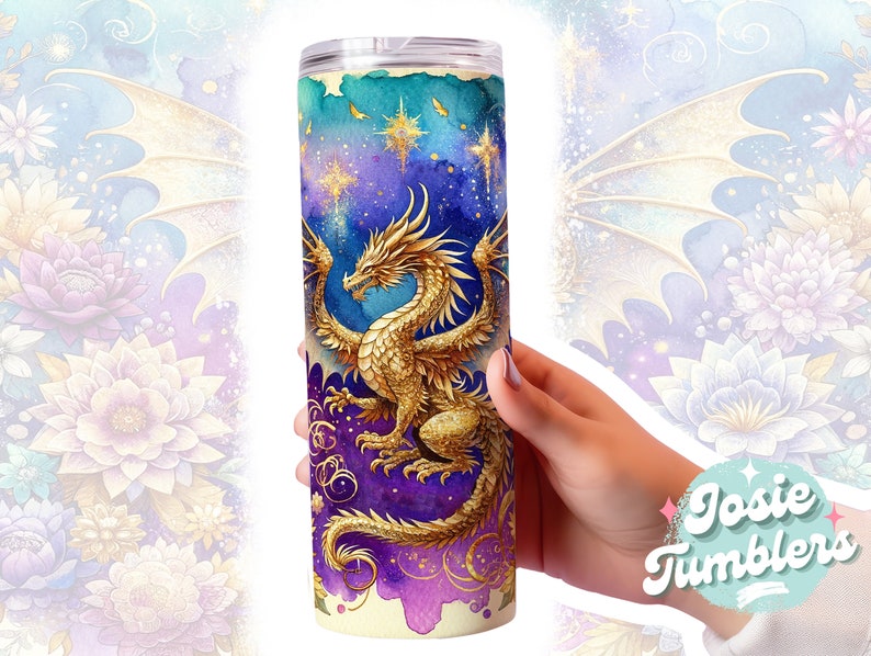 Envoltura de vaso de dragón de acuarela, diseños de vaso de sublimación flaco de 20 oz, diseño de vaso de sublimación de dragón, vaso de acuarela png Descargar imagen 6