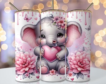 Valentine Elephant Tumbler Wrap, 20oz Skinny Sublimation Tumbler Design, Elephant Sublimation Design, Valentines Day Tumbler Png Download