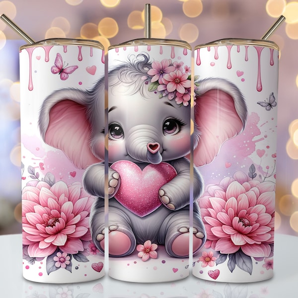 Valentine Elephant Tumbler Wrap, 20oz Skinny Sublimation Tumbler Design, Elephant Sublimation Design, Valentines Day Tumbler Png Download