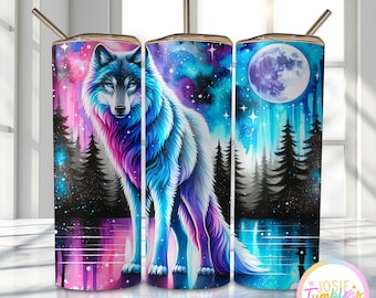 Vibrant Wolf Tumbler Wrap, 20oz Skinny Sublimation Tumbler Design, Northern Light Sublimation Wrap Png, Animal Tumbler PNG Wrap Designs