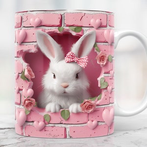 3D Valentine Mug Wrap, 3D Hole In A Wall Mug Png, 11oz Mug And 15oz Mug Wrap, Bunny Cup Png Design, 3D Rabbit Mug Sublimation, Mug Press Png