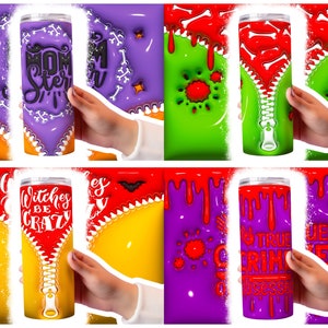 May include: Four different designs of stainless steel tumblers with a zipper design and Halloween themed graphics. The tumblers are purple, green, yellow, and purple with red dripping paint. The graphics include "Momster", "Witches Be Crazy", "True Crime Obsessed", and a skull and crossbones.