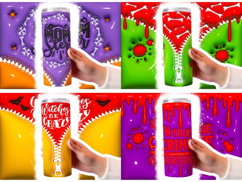 May include: Four different designs of stainless steel tumblers with a zipper design and Halloween themed graphics. The tumblers are purple, green, yellow, and purple with red dripping paint. The graphics include "Momster", "Witches Be Crazy", "True Crime Obsessed", and a skull and crossbones.