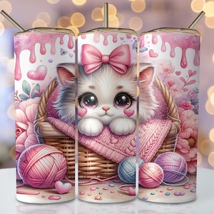 Valentine Cat Tumbler Wrap, 20 Unzen Skinny Sublimationsbecher Design, süßes Kätzchen Sublimationsdesign, Valentinstag Becher Png herunterladen