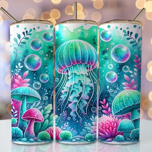 Jellyfish Tumbler Wrap, 20oz Skinny Sublimation Tumbler Design, Underwater Sublimation Design, Vibrant Watercolor Fish Tumbler PNG Downloads
